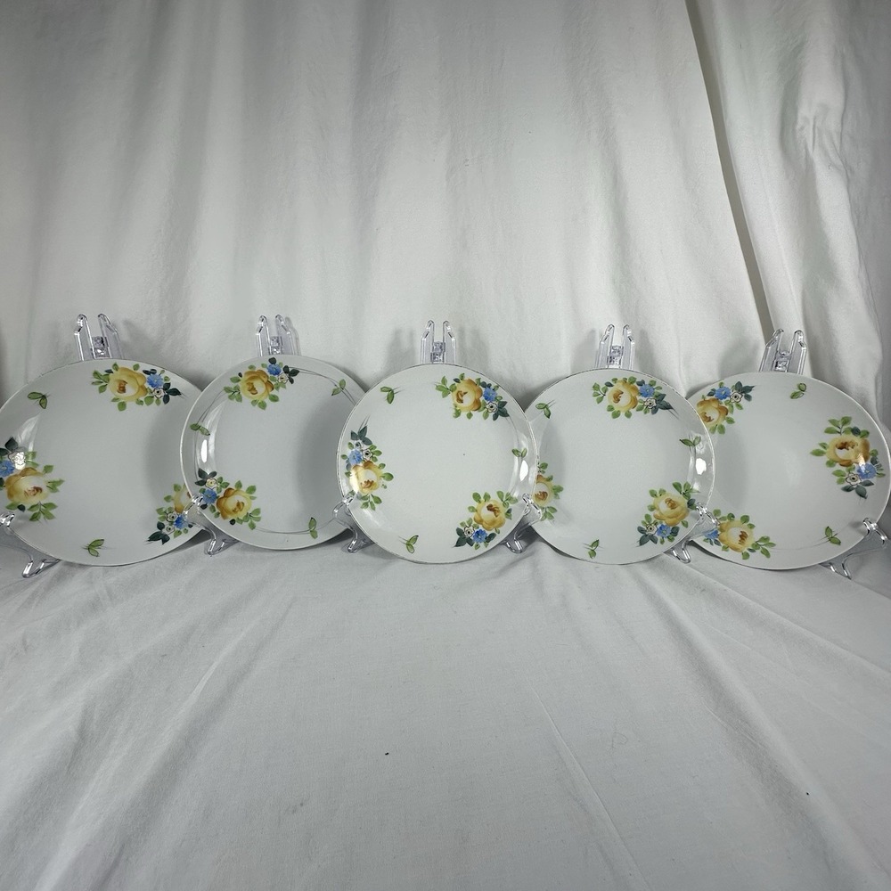 5 Hand Painted Nippon Yellow Rose and Blue Forget-Me-Not 8 Inch Plates c. 1910
